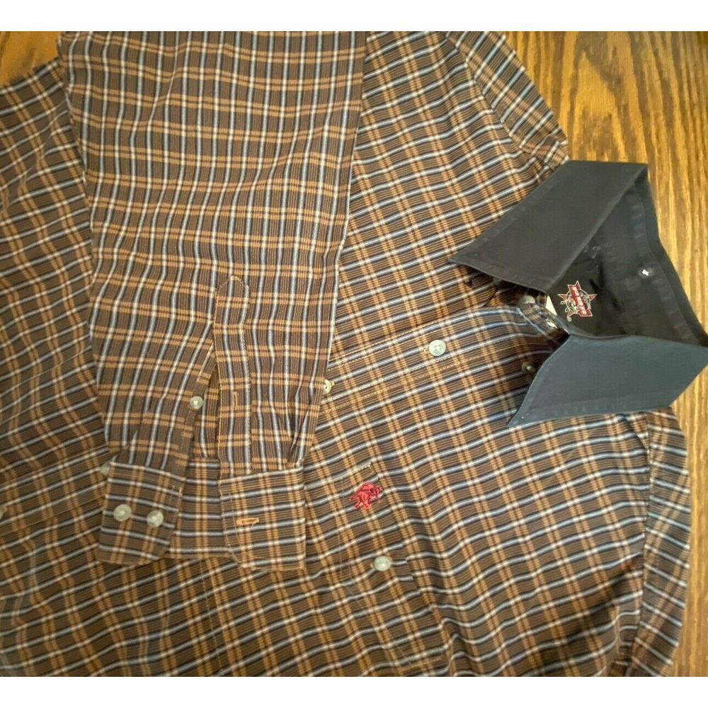 PBR Mens Bull Riding Shirt Plaid Long Sleeve Button Down 50" Pit To Pit 31" Long